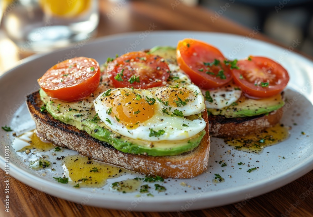 Deliciously Crafted Avocado Toast with Poached Eggs and Cherry Tomatoes Served on a Plate, Ideal for Breakfast or Brunch in a Trendy Cafe Setting Deliciously Crafted Avocado Toast with Poached Eggs and Cherry Tomatoes Served on a Plate, Ideal for Breakfast or Brunch in a Trendy Cafe Setting