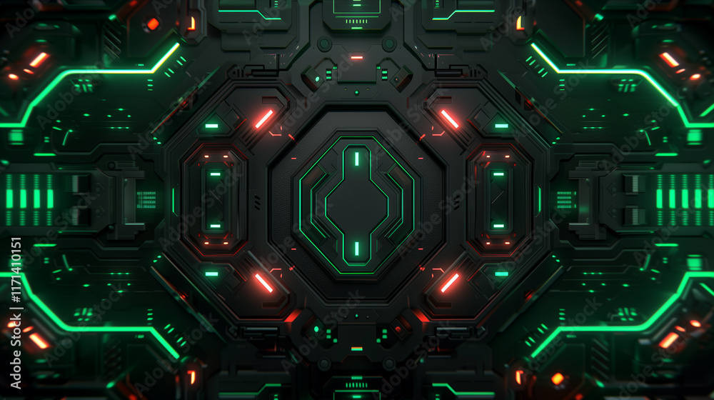 Fototapeta premium Futuristic Tech Panel with Green Neon Lights