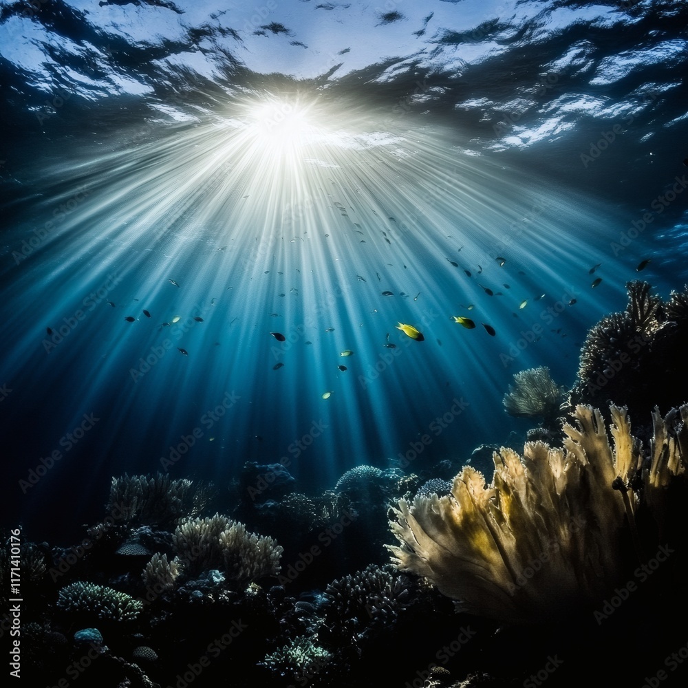 Fototapeta premium deep blue underwater with sun beams background