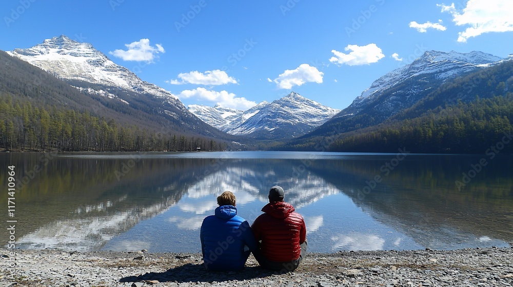 Two men sitting by a calm lake, admiring a majestic mountain range under a clear blue sky. Two men sitting by a calm lake, admiring a majestic mountain range under a clear blue sky.