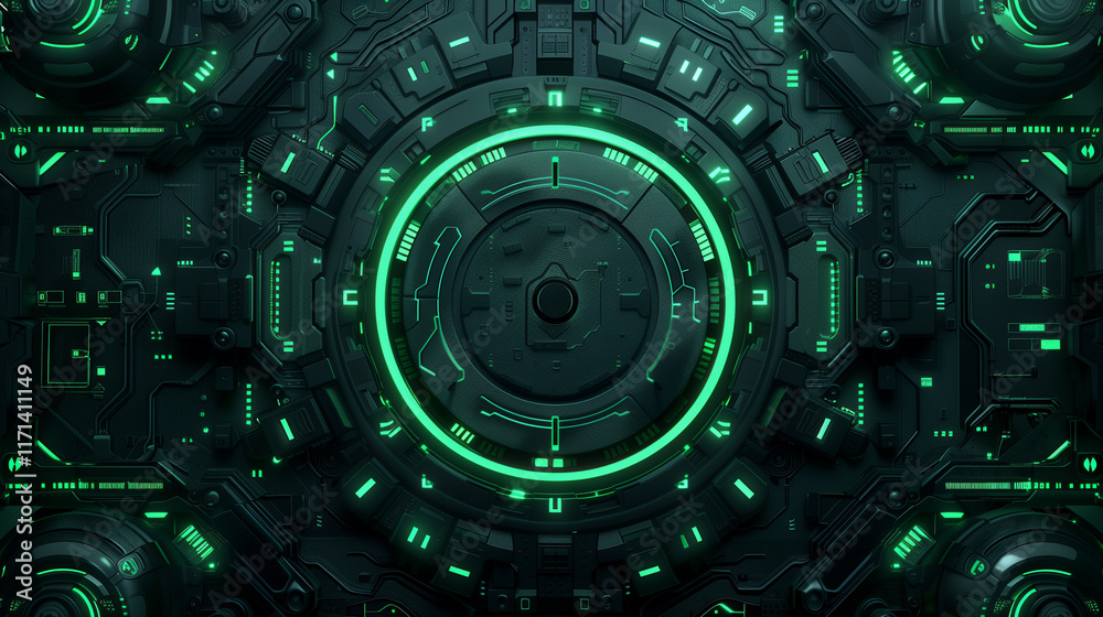 Fototapeta premium Futuristic Tech Panel with Green Neon Lights 