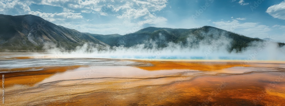 A captivating view of a colorful hot spring with vibrant mineral deposits and steam rising against a mountainous backdrop, Hot spring scene, Surreal style A captivating view of a colorful hot spring with vibrant mineral deposits and steam rising against a mountainous backdrop, Hot spring scene, Surreal style