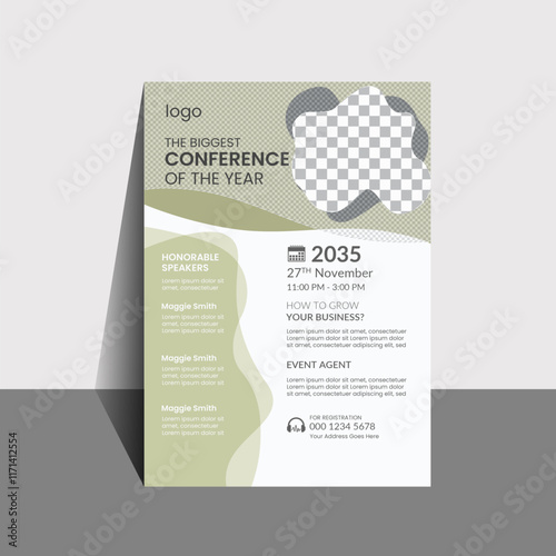 Formal Business Flyer conference advertising template designed from customized shapes, icons, greenish colours
