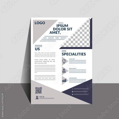 Professional Simplistic Corporate Flyer of triangles, icons, formal blue colour combination along with rational description