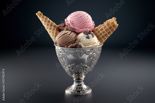 Three scoops ice cream are different Colors Neopolitan, 