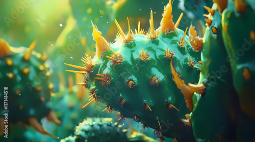 Close-up of a spiky green cactus with yellow spines. Thorned. Illustration photo