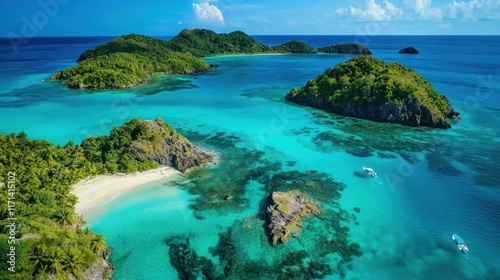An aerial shot of an island with clear turquoise water and lush green vegetation.