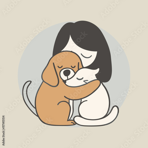 Elegant Illustrator Of A Pet Lover Girl With A Cat & Dog Vector Illustration