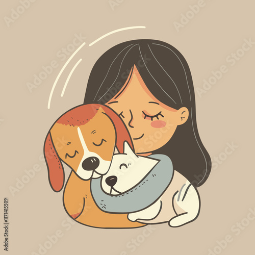 Elegant Illustrator Of A Pet Lover Girl With A Cat & Dog Vector Illustration