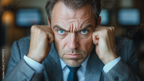 Wallpaper Mural Frustrated Businessman: Close-up portrait of a stressed businessman covering his ears, conveying feelings of overwhelm and pressure. Torontodigital.ca