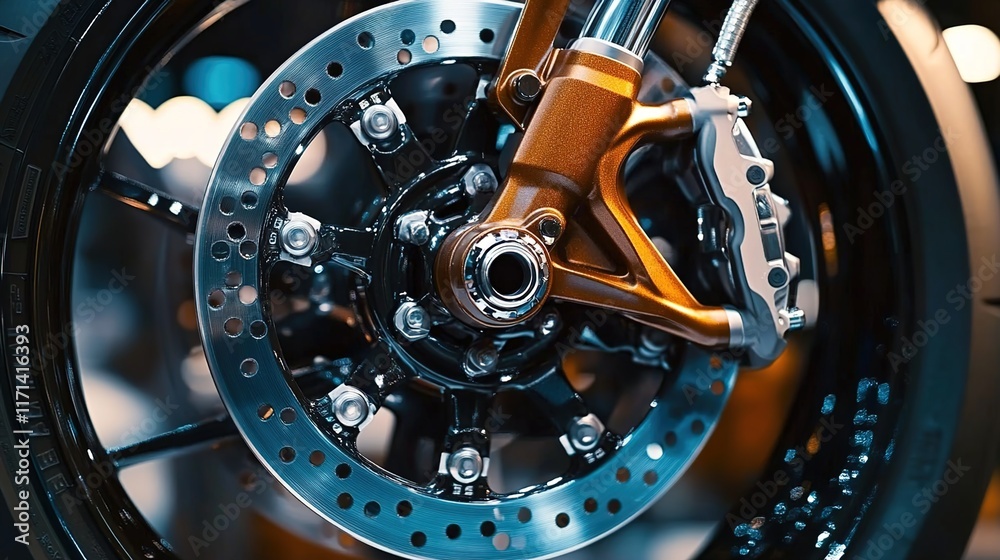 Close-up of a motorcycle's front disc brake with hub, close-up of the four-piston caliper on a brown luxury car part in a showroom Close-up of a motorcycle's front disc brake with hub, close-up of the four-piston caliper on a brown luxury car part in a showroom