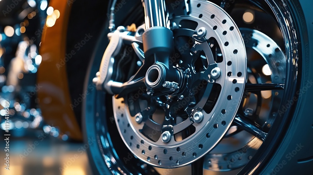 Close-up of a motorcycle's front disc brake with hub, close-up of the four-piston caliper on a brown luxury car part in a showroom Close-up of a motorcycle's front disc brake with hub, close-up of the four-piston caliper on a brown luxury car part in a showroom