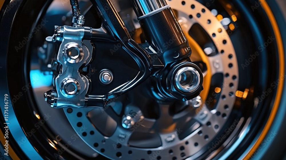 Close-up of a motorcycle's front disc brake with hub, close-up of the four-piston caliper on a brown luxury car part in a showroom Close-up of a motorcycle's front disc brake with hub, close-up of the four-piston caliper on a brown luxury car part in a showroom