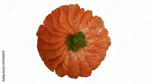 Beautifully decorated salmon sashimi, delicious, white background