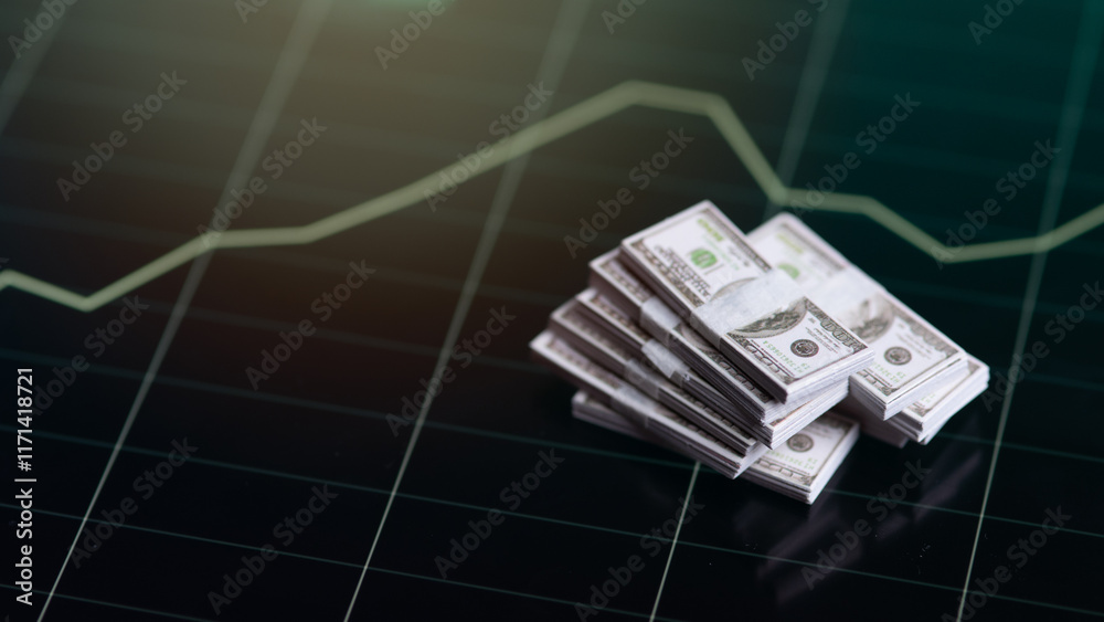 Fototapeta premium Banknotes over digital screen with real life exchange chart, USD EUR parity concept, Concept of wealth and investment