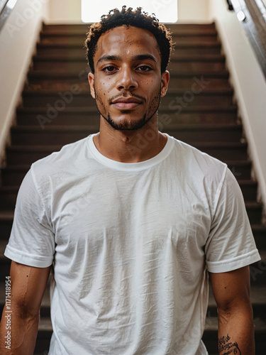 Retrato de hombre negro joven fuerte y apuesto de cabello corto vistiendo una camiseta blanca de algodón casual en el interior de una casa 