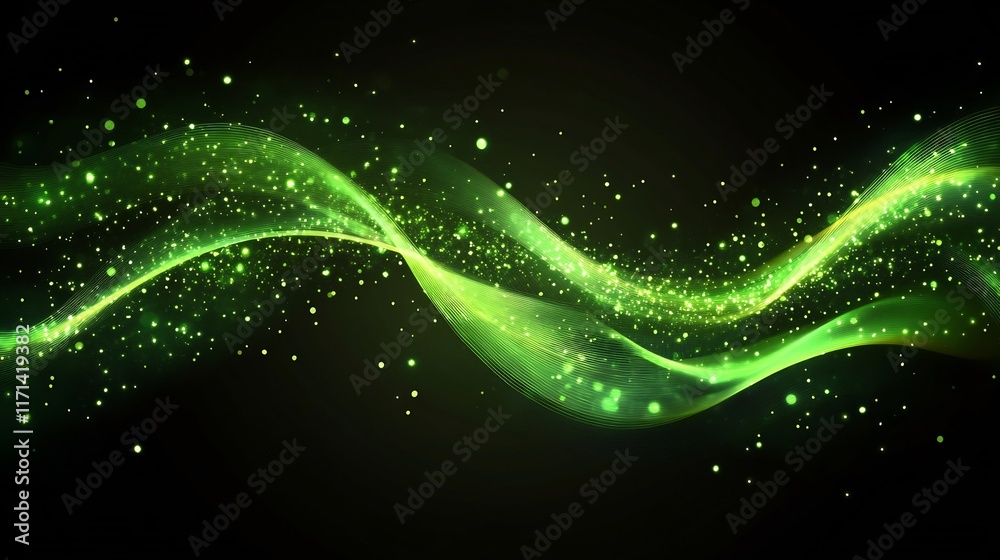 Fototapeta premium Abstract Green Wave with Sparkling Particles: A Digital Art Creation