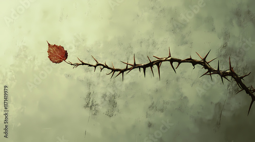 A thorned vine hangs limp and lifeless with a single leaf clutched to its fading stem, botanical garden, dying vines, succulent life. Thorned. Illustration photo