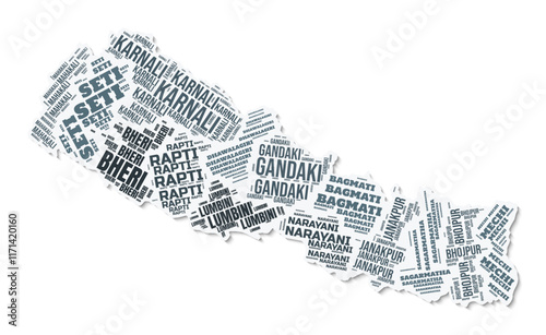 Nepal shape text cloud. Country border with shadow on white background. Nepal with regions division in vintage gazette style. Vibrant vector illustration.