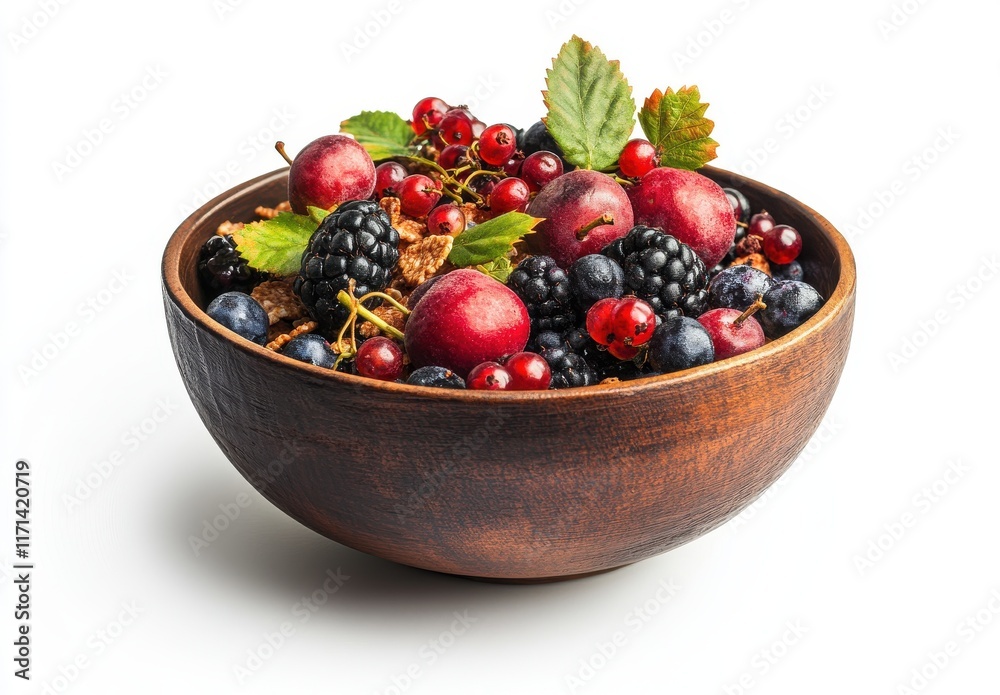 Fresh and Colorful Mixed Fruits with Berries and Crunchy Granola in a Rustic Wooden Bowl on a Bright White Background Fresh and Colorful Mixed Fruits with Berries and Crunchy Granola in a Rustic Wooden Bowl on a Bright White Background