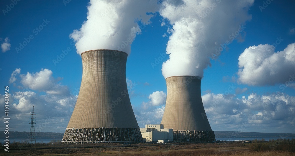 Nuclear power plants with cooling towers by a serene lake at sunset Nuclear power plants with cooling towers by a serene lake at sunset