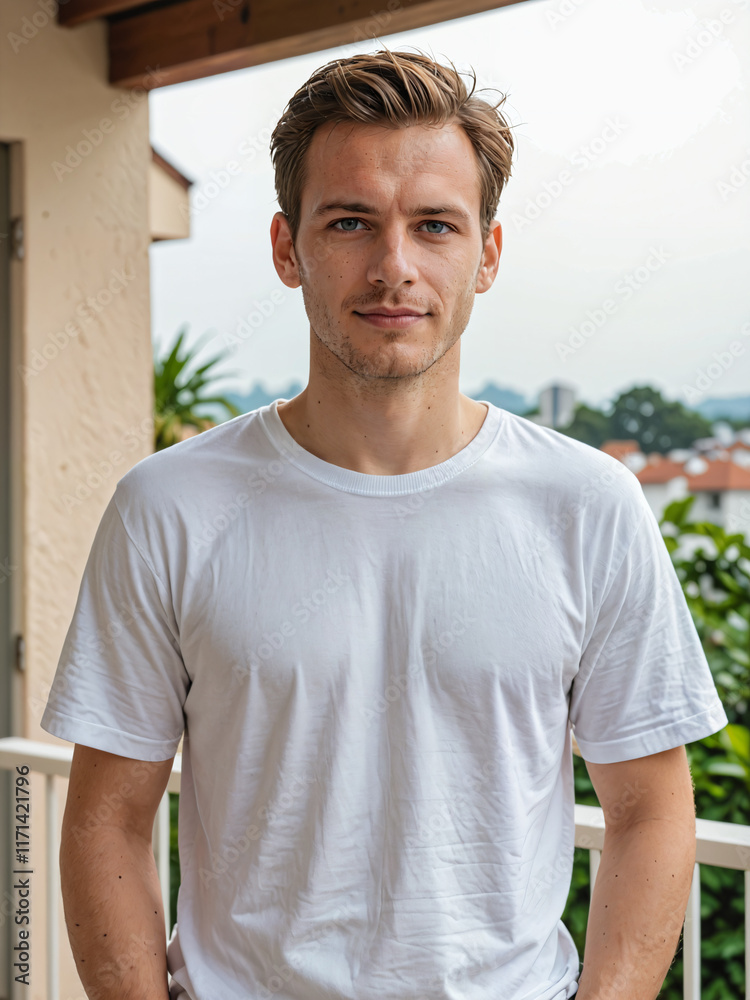 Fototapeta premium Retrato de hombre joven blanco vistiendo una camiseta blanca de algodón en el exterior de una casa 
