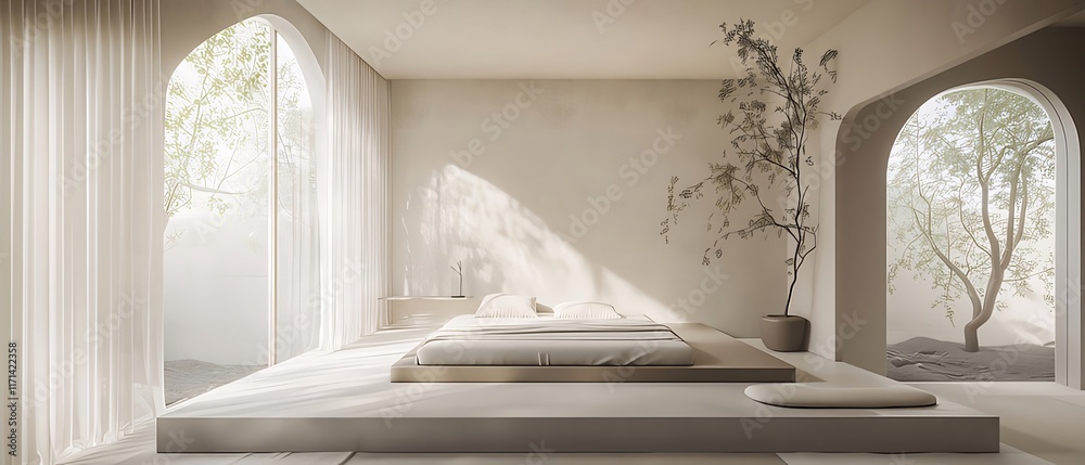Minimalist bedroom with arched windows, sunlight, and a low platform bed. Minimalist bedroom with arched windows, sunlight, and a low platform bed.