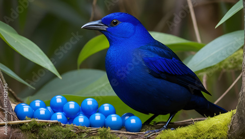 A male satin bowerbird, ptilonorhynchus violaceus, tends his bower which he has decorated with blue coloured objects. In Lamington National Park, Queensland, Australia. photo