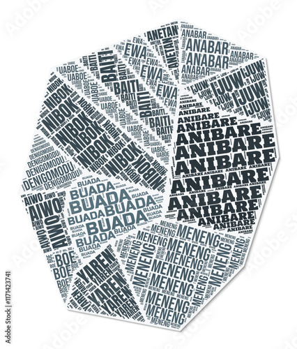 Nauru shape text cloud. Country border with shadow on white background. Nauru with regions division in vintage gazette style. Trending vector illustration.