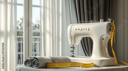 White Sewing Machine with Yellow Tape Measure and Fabric Rolls