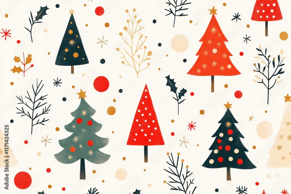 Retro Christmas pattern featuring stylized trees and festive elements, capturing a nostalgic holiday spirit with vintage-inspired decorations in red, green, and gold hues on a light background. Retro Christmas pattern featuring stylized trees and festive elements, capturing a nostalgic holiday spirit with vintage-inspired decorations in red, green, and gold hues on a light background.