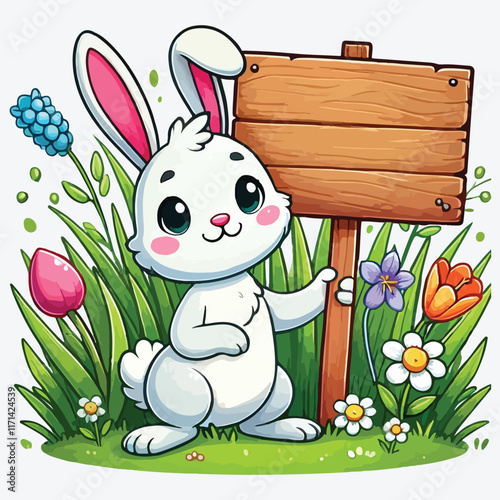 Cartoon little bunny holding a blank plank sign in the grass stock illustration