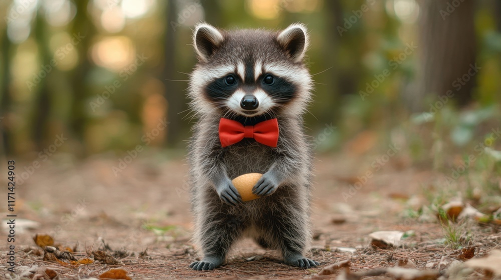 Obraz premium Charming raccoon in a bow tie confidently holds a small snack in a forest setting during a serene afternoon stroll. Generative AI