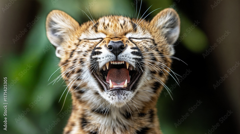 Fototapeta premium Young cheetah cub roaring with open mouth in a natural setting