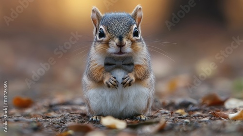 Squirrel dressed in a bow tie poses confidently among autumn leaves in a serene woodland setting during the golden hour. Generative AI photo