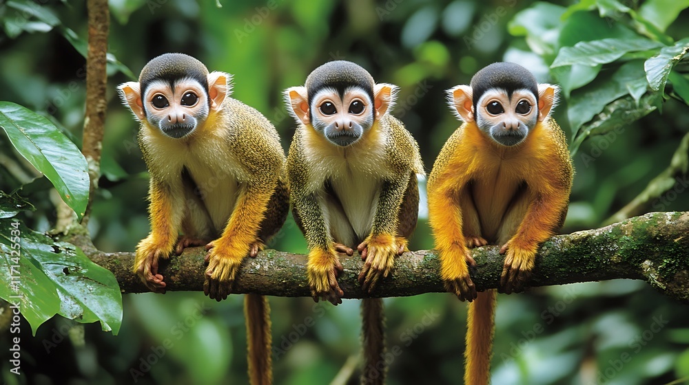 Three Adorable Squirrel Monkeys on a Branch in Lush Rainforest Three Adorable Squirrel Monkeys on a Branch in Lush Rainforest