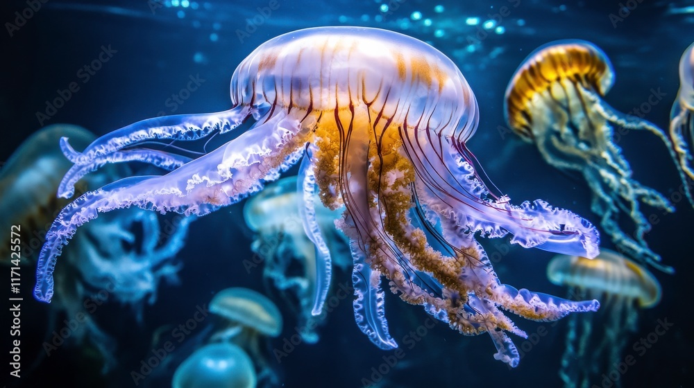 Naklejka premium Ethereal Jellyfish Float in Vibrant Underwater Scene