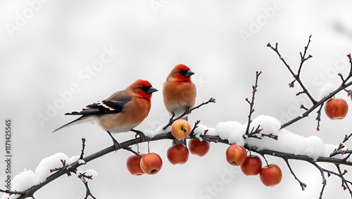 Crimson Pine Grosbeaks in monochromatic winter landscape harvesting clinging apples - Breaking Monotony photo