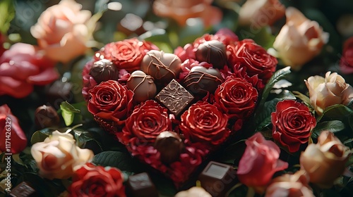 Roses and Chocolates Forming a Heart Shape with Cupid s Arrow in a Arrangement for Romantic and Premium Gift photo