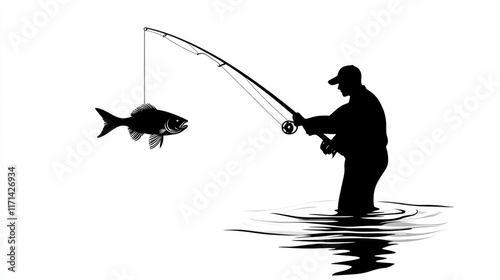 Silhouette of a Fisherman Catching a Fish