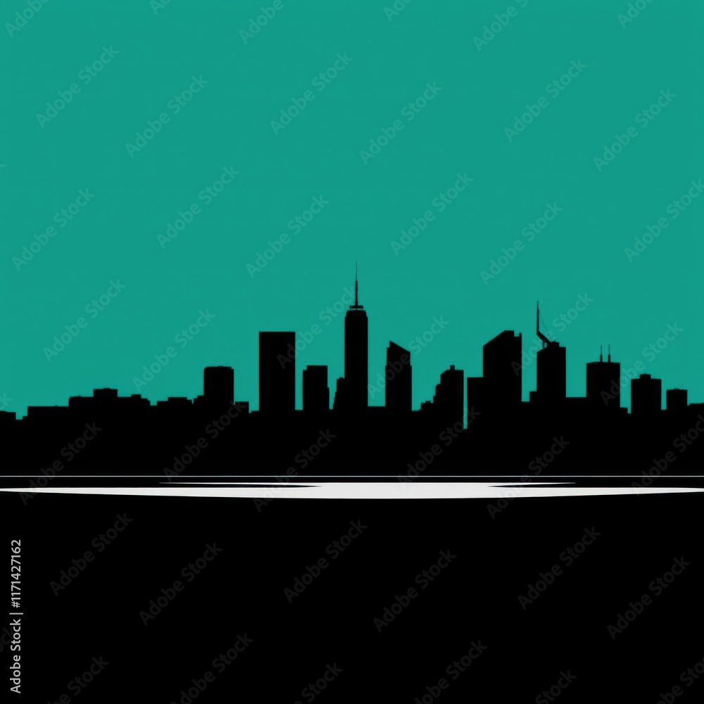 Obraz premium Red skyscraper building skyline hologram projection on plain black background with copy space skyline silhouette 