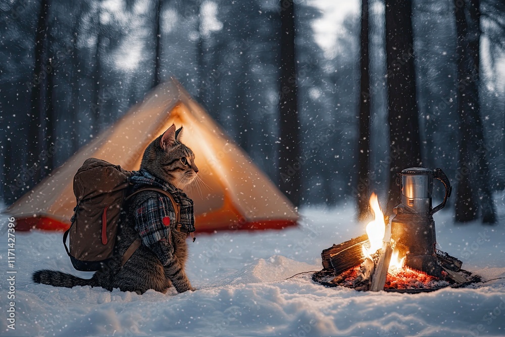 a cat in winter clothes sits by a warm fire surrounded by snow-covered trees. Soft snowflakes fall at sunset, illuminating the tent in the background. a cat in winter clothes sits by a warm fire surrounded by snow-covered trees. Soft snowflakes fall at sunset, illuminating the tent in the background.