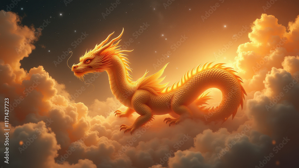 Obraz premium Golden Dragon Soaring Through Clouds - Fantasy Art