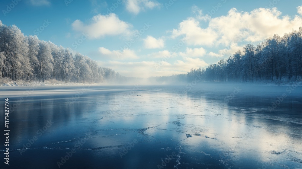 Silent winter landscape with a frozen lake and misty horizon at dawn in a tranquil forest setting. Generative AI Silent winter landscape with a frozen lake and misty horizon at dawn in a tranquil forest setting. Generative AI