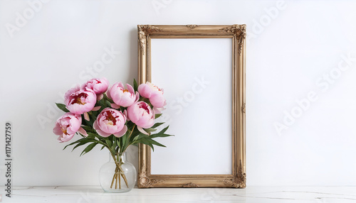 golden wooden frames with pink peonies bouquet in vase