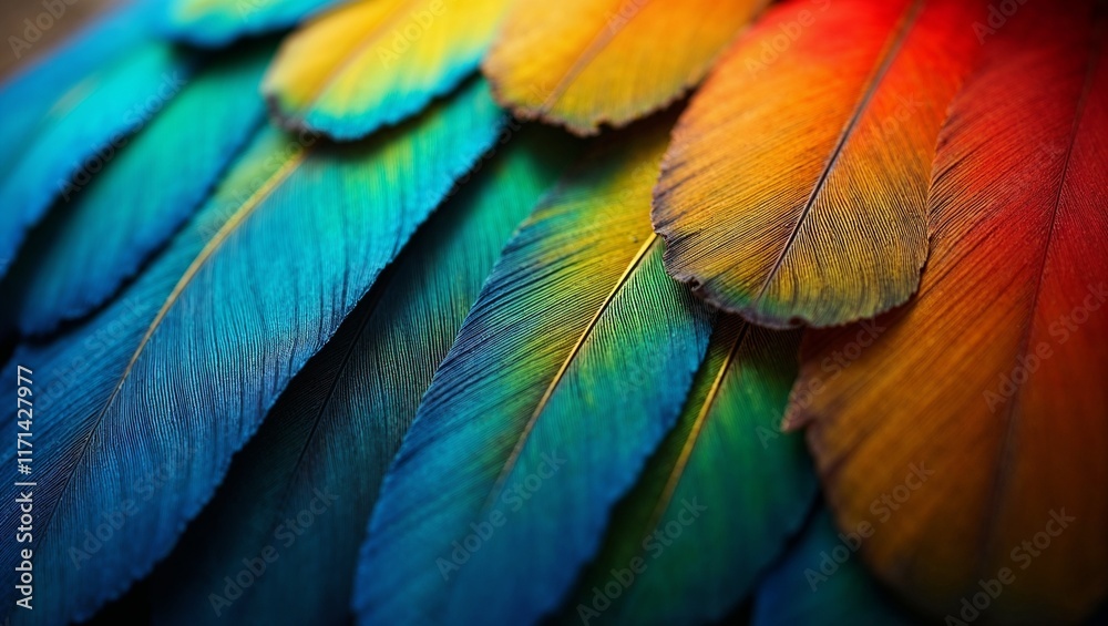 Fototapeta premium Vibrant close-up of colorful bird feathers in shades of blue, green, and orange 