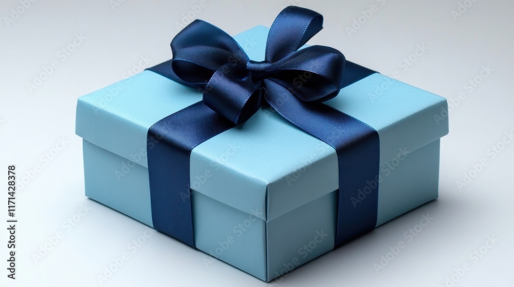 Obraz premium Beautifully wrapped blue gift box with a dark ribbon awaits surprise on a smooth surface. Generative AI