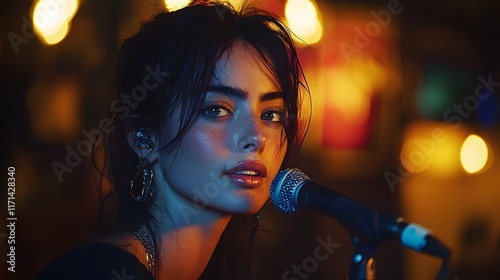Close up portrait of a talented and passionate female singer performing a powerful and emotive ballad under the spotlight on a dimly lit stage showcasing her vocal skills and expression