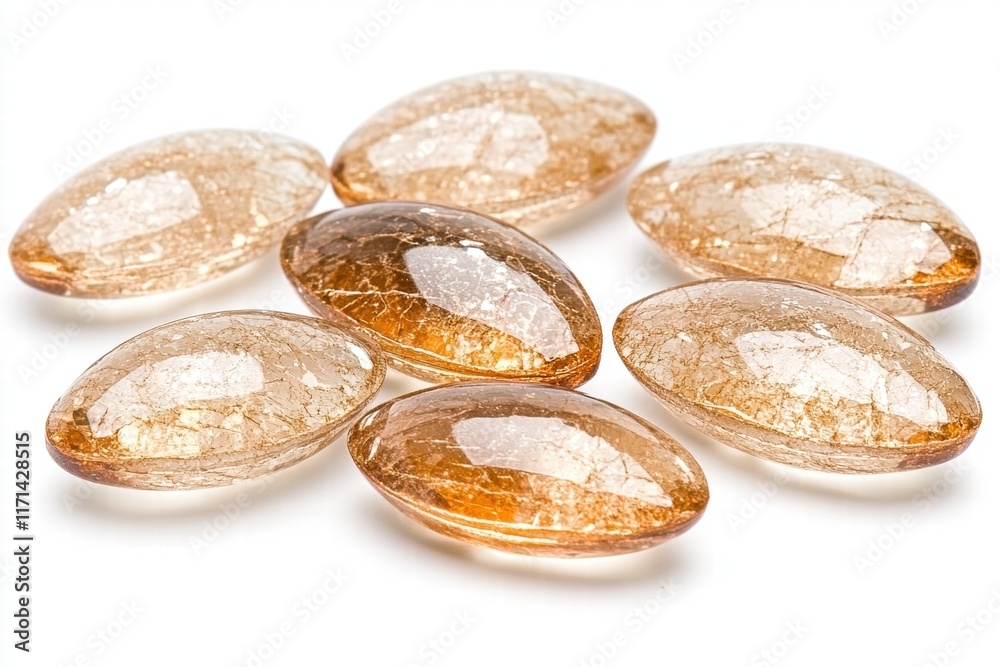 Amber Glass Pebbles, Oval Shaped, Scattered on White Background Amber Glass Pebbles, Oval Shaped, Scattered on White Background