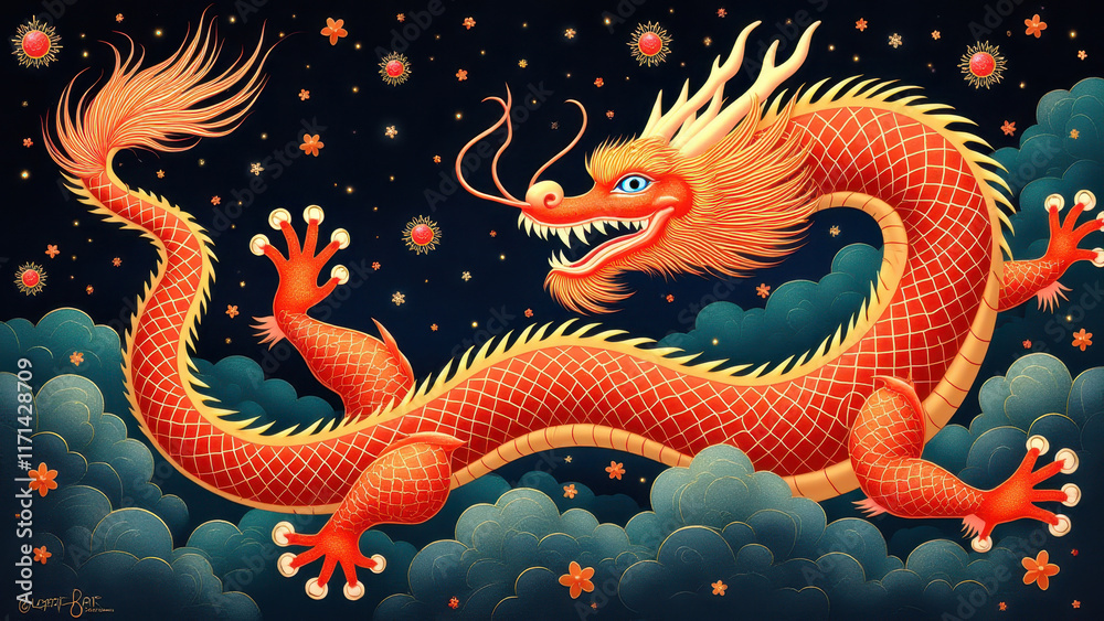 Fototapeta premium Majestic Red Dragon, Asian Art, Mythical Creature - Mythical Creatures